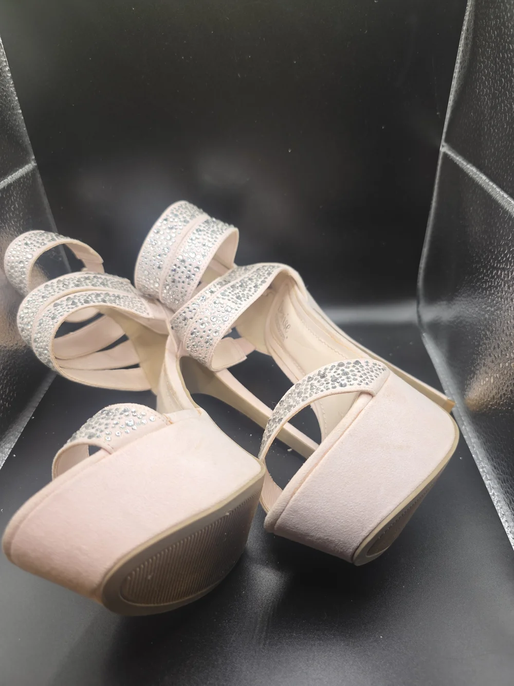 Shoe Dazzle Embellished Blush Platform Heels with Ankle Straps